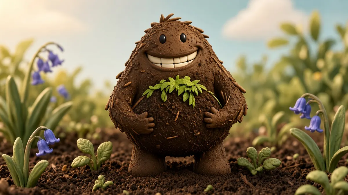 Compost, our mascot: a smiling character made of compost, standing in a garden bed with bluebells