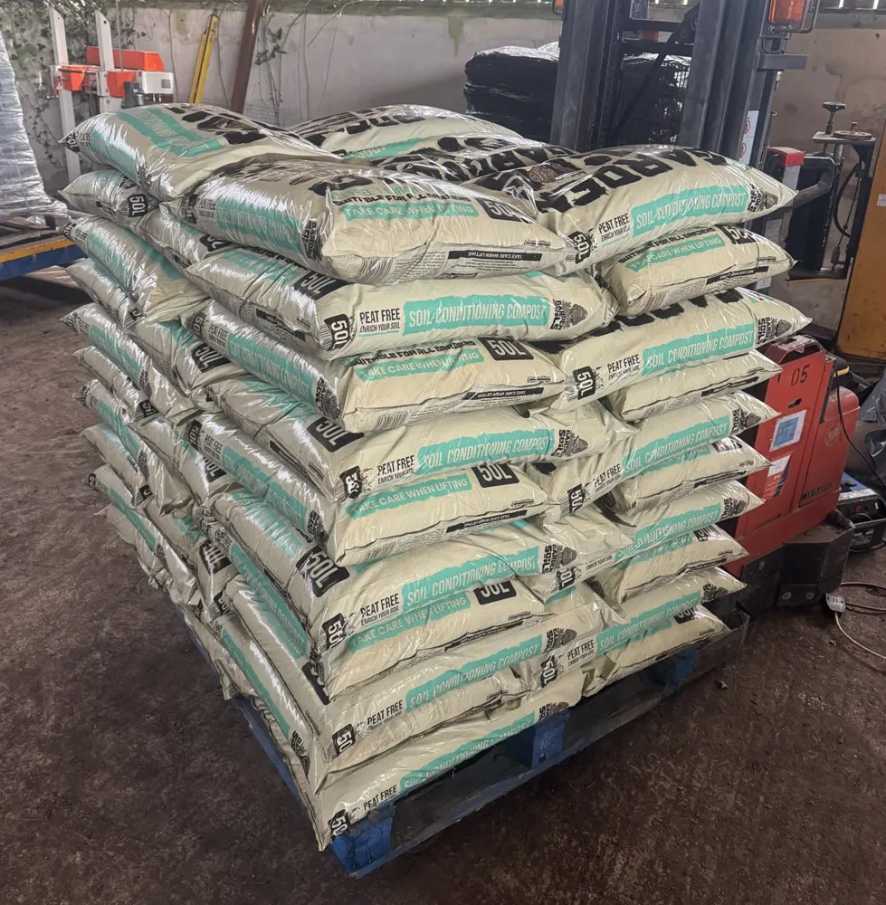 A full pallet of Garden Soils 50L peat-free compost bags ready for delivery